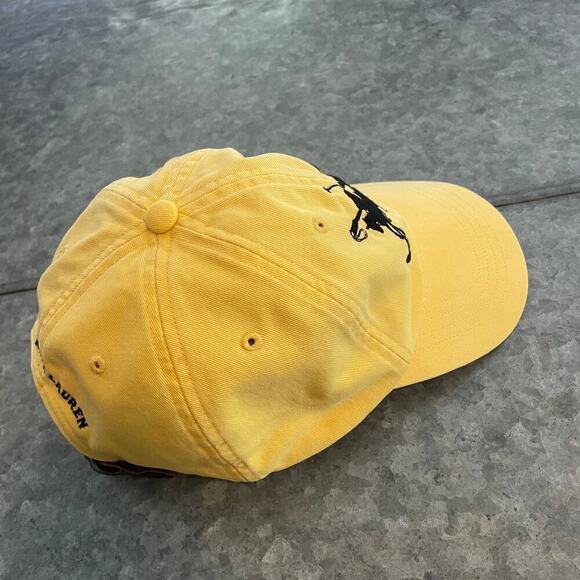 Vintage Polo Ralph Lauren Big Logo Pony Hat Yellow Black Leather Strap 90s Y2K - Picture 5 of 10